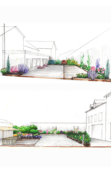 Conception d'une cour d'immeuble : création de places de stationnements et plantation de haies.