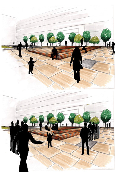 Conception de mobilier urbain : plateforme en châtaignier à la fois assises, lieu de passage, support à la végétation, luminaire, terrasse de restaurant et scène de spectacle.