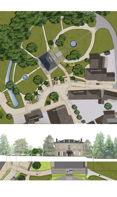 Conception du parvis et des aménagements extérieurs autour de la mairie : voirie, cheminements piétons, plantations.