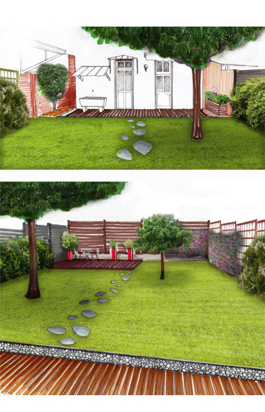 Aménagement d'une cour avec la création de deux terrasses bois, des pas japonais et la plantation des plantes grimpantes.