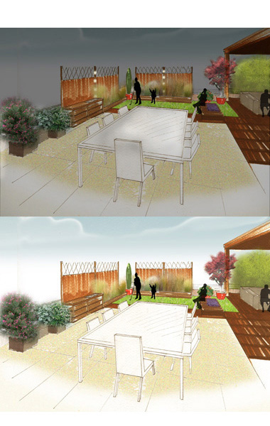 Conception d'un toit-terrasse composé d'une partie salon, une partie cuisine d'été et d'un bain de soleil.